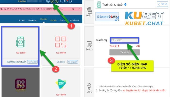 Nạp tiền vào Kubet bằng thanh toán trực tuyến trên máy tính