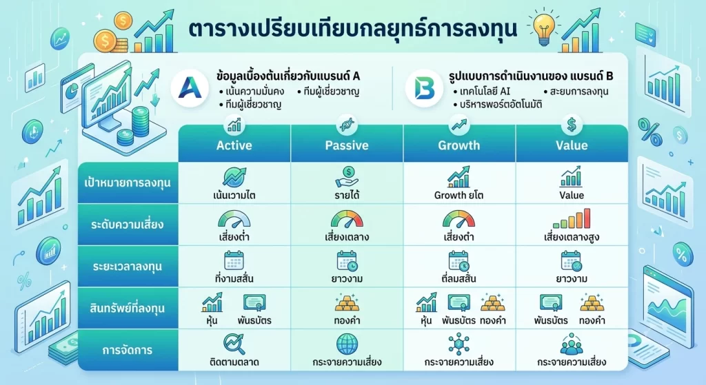 ตารางเปรียบเทียบกลยุทธ์การลงทุน